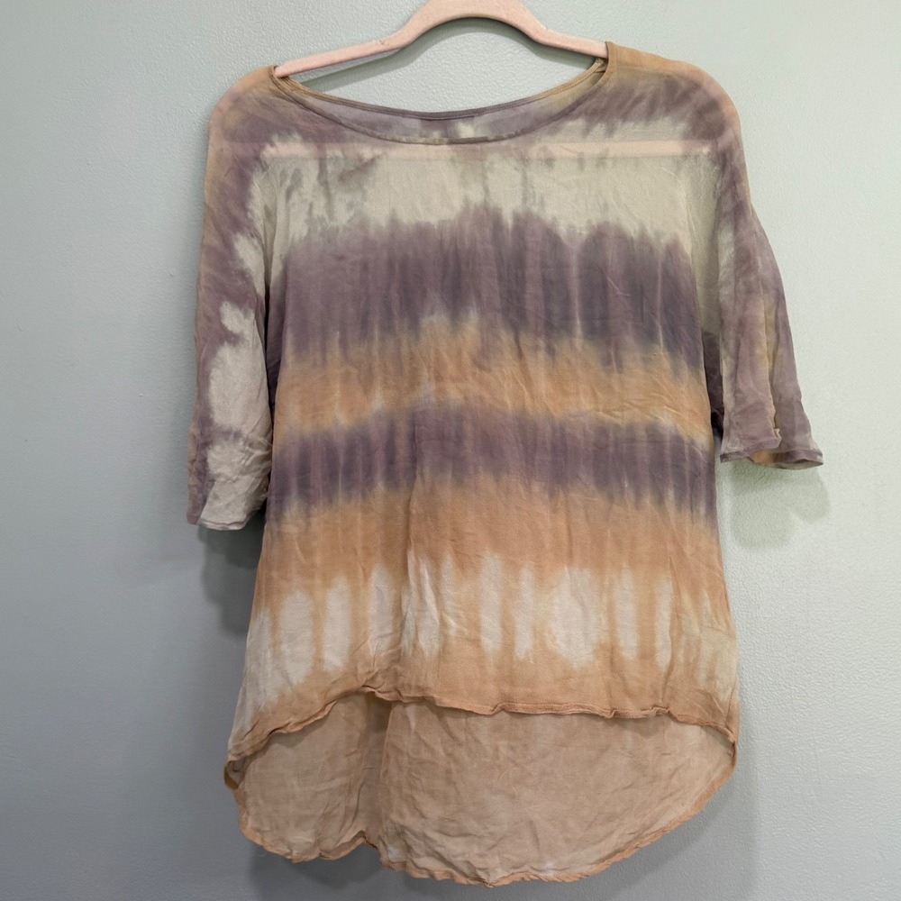 Gypsy 05 100% Silk Tie Dye Blouse Purple Tan High Low Top W345-1601-05